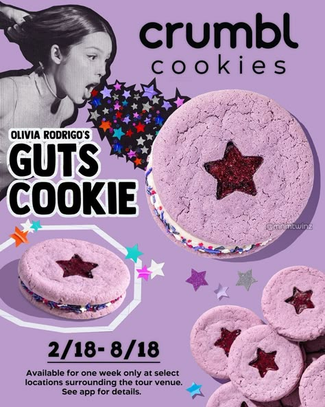 Guts Cookies Olivia Rodrigo, Olivia Rodrigo Cookies Crumbl, Olivia Rodrigo Crumbl Cookie, Olivia Rodrigo Cookies, Guts Cookie, Crumbles Cookies, Cookie Branding, Crumb Cookies, Olivia Instagram