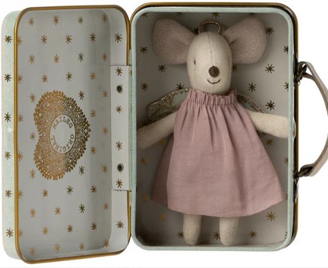 Maileg Angel Mouse in Suitcase. #maileg #stuffedtoys Metal Suitcase, Maileg Mouse, Baby Mouse, Guardian Angels, Mint Color, Guardian Angel, Imaginative Play, Little Sisters, Sign Design