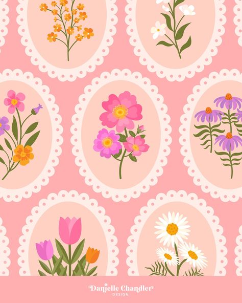 Flowers on my mind 🌷🌼🌸 Pretty Pink Flowers Aesthetic, Cute Flowers Illustration, Flower Cute Illustration, Cute Flower Illustration, Pink Flower Pattern, Spring Designs, Flower Print Pattern, Patterned Background, Instagram Flowers