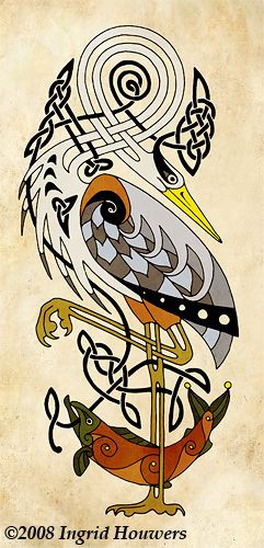 2008 Ingrid Houwers (Irish traditional artist, taxidermist, professional corsetier) ~ The Heron and Salmon via *Illahie Celtic Images, Celtic Animals, Celtic Artwork, Celtic Tattoo, Celtic Patterns, Celtic Tattoos, Celtic Knotwork, Irish Art, Viking Art