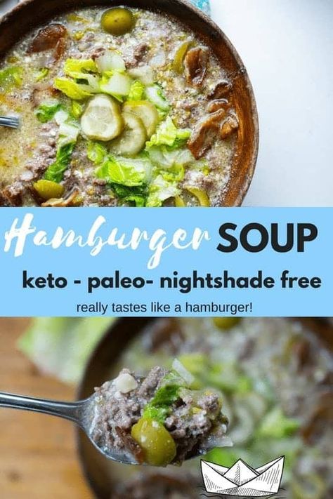 Paleo Hamburger Soup - tastes like a whopper! No joke! It is absolutely comfort food made healthy and anti-inflammatory! #dairyfree #nutfree #nightshadefree #keto #paleo and #whole30 too! Keto Hamburger Soup, Soup Dairy Free, Keto Hamburger, Nightshade Free Recipes, Dairy Free Keto Recipes, Paleo Soups, Dairy Free Keto, Paleo Soup, Hamburger Soup