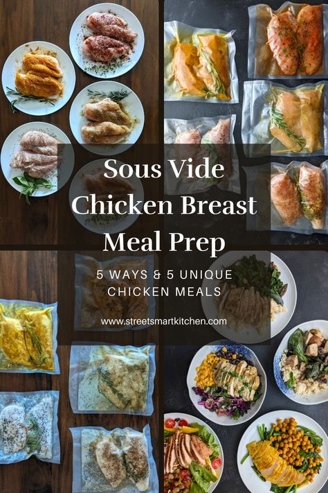 Sous vide chicken breast meal prep once and make at least five unique, healthy, and delicious chicken meals in under 15 minutes each. Sous Vide Chicken Breast Marinade, Chicken Sous Vide Recipes, Sous Vide Chicken Recipes, Sous Vide Meal Prep, Chicken Breast Meal Prep, Chicken Breast Curry, Sous Vide Chicken Breast, Sous Vide Chicken, Sous Vide Recipes