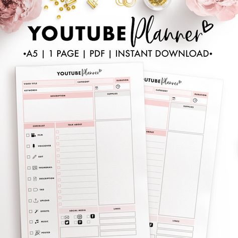 A5 Youtube Planner | Etsy Podcast Planner, Youtube Planner, Blog Planner Printable, Podcast Template, Social Media Checklist, Create Your Own Planner, Kikki K Planner, Media Planner, Planner Inserts Printable