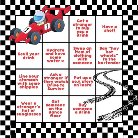 F1 Pub Crawl Bingo Card Download F1 Bingo, Camping Bingo, Pub Golf, Custom Bingo Cards, Bingo Books, Road Trip Bingo, Summer Bingo, Bingo Games For Kids, Bingo Card Template