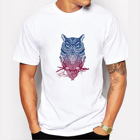 Summer Casual Tee Top Owl Printing Round Neck Short sleeve T-shirt for Men Owl Shirt, Short Men Fashion, Summer Attire, Funny Tee Shirts, Owl Print, Printed T Shirts, Tee Shirt Homme, Pattern White, Home T Shirts