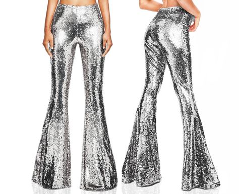 Custom Length Silver Sequin Bell Bottom Pants/ Disco Pants/ Rave Festival Pants/ Sequin Dance Costume/ Burning Man Pants/ New Years Outfit/ 70s Disco Fashion Silver Sequin Pants, Sequin Dance Costume, Trousers Outfit Casual, 70s Disco Outfit, Sequin Trousers, 70's Party, Sparkly Leggings, Rave Pants, Disco Costume