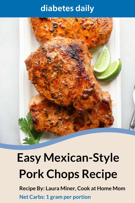 These Mexican style pork chops are juicy, tender, and so easy to make with just 5 simple ingredients! Inspired by the authentic flavors of #Mexico, these are a simple and delicious version to create at home.  Ingredients: -boneless pork chops -taco seasoning -lime juice -cilantro -olive oil #recipe #porkchops #lowcarb #keto Mexican Style Pork Chops, Mexican Pork Chops Recipes, Mexican Pork Chops, Mexican Marinade, Pork Sirloin Chops, Baked Boneless Pork Chops, Pork Sirloin, Mexican Pork, Boneless Pork Chops