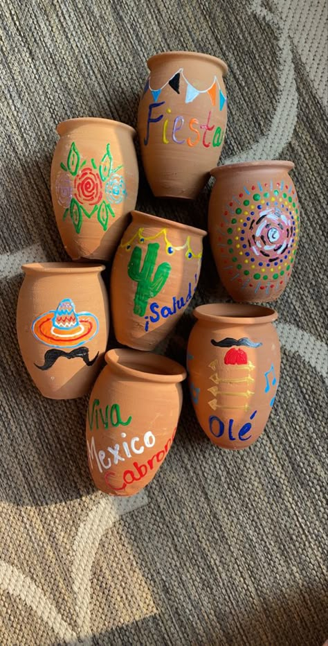 Diy Cantaritos, Mexican Small Business, Latino Decorations, Mexican Jarritos Centerpieces, Mexican Diy Decorations, Mexico Aesthetic Party, Cantaritos Decoration, Mexican Cantaritos, Mexican Artesania