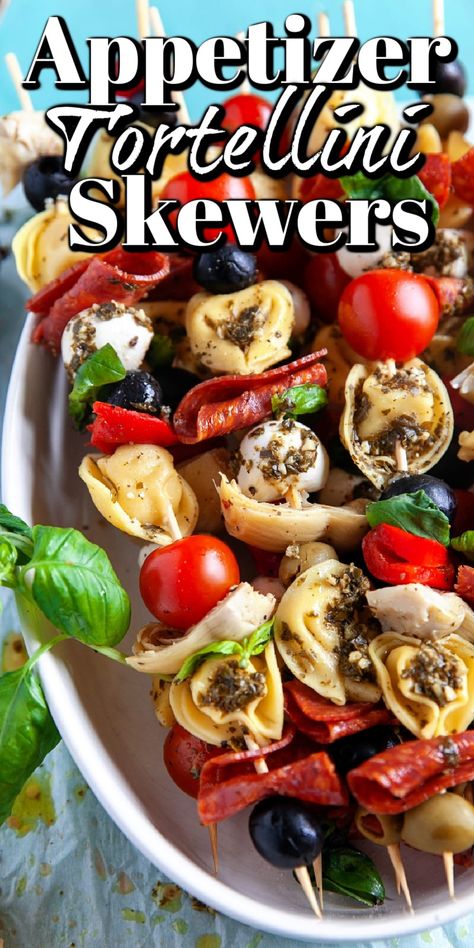 Tortellini Appetizer Skewers, Handheld Recipes, Tortellini Appetizer, Italian Antipasto Platter, Antipasto Platter Italian, After School Snacks For Kids, Appetizer Skewers, Party Appetizers For A Crowd, Tortellini Skewers