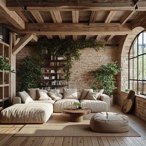 Industrial Living Room With Plants, Earthy Scandinavian Living Room, Cozy Urban Living Room, Boho Flat Decor, Japandi Meditation Room, Earthy Decor Living Room, Earthy Apartment, Living Room Earthy, Earthy Modern Living Room