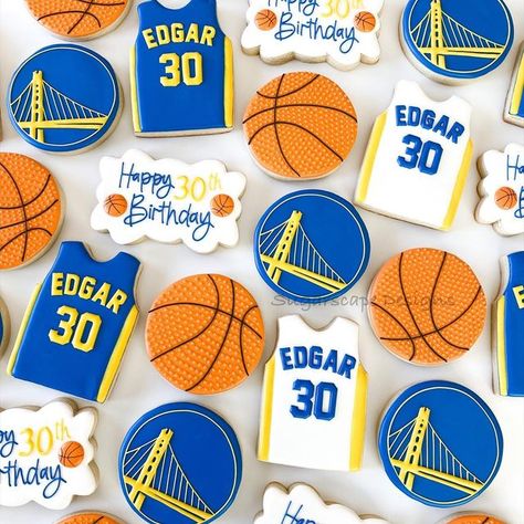 Golden State Warriors Cookies, Warriors Themed Birthday Party, Warrior Birthday Party Golden State, Golden State Birthday Cake, Golden State Warriors Party Decorations, Golden State Warriors Birthday Cake, Steph Curry Birthday Cake, Steph Curry Birthday Party Ideas, Golden State Warriors Birthday Party