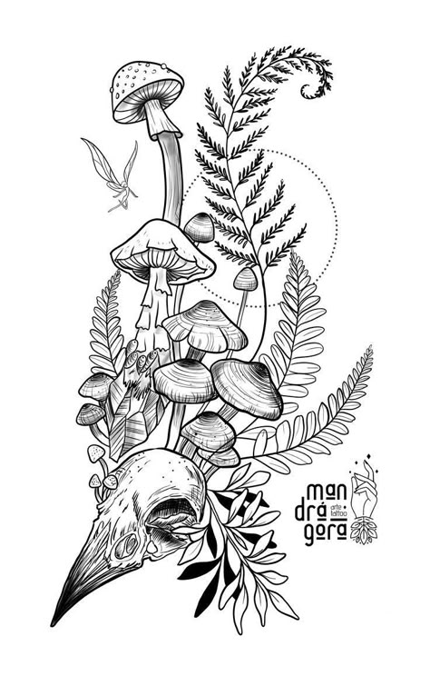 Forest Tattoo Sleeve, Tattoo Crane, Earthy Tattoos, Fern Tattoo, Mushroom Tattoos, Witch Tattoo, Forest Tattoos, Theme Tattoo, Plant Tattoo