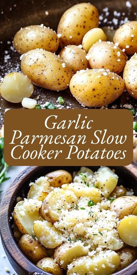 Looking for the perfect side dish? These Garlic Parmesan Slow Cooker Potatoes are a game-changer! 🧄🧀 Simple to make and bursting with flavor, these potatoes are slow-cooked to creamy perfection, seasoned with garlic and Parmesan for a savory treat. Ideal for busy days, family dinners, or holiday meals. 🍽️ This easy side dish will steal the show! #SlowCookerRecipes #GarlicParmesanPotatoes #EasySideDish #DinnerSide #ComfortFood #SideDishIdeas #PotatoRecipes #BusyDayMeals Garlic Potatoes In Crockpot, Garlic Parmesan Potatoes Crockpot, Crockpot Sliced Potatoes, Slow Cooker Yellow Potatoes, Small Potatoes In Crock Pot, Crockpot Potato Recipes Side Dishes, Crockpot Veggies Side, Potato Side Dishes Crockpot, Crockpot Potato Recipes