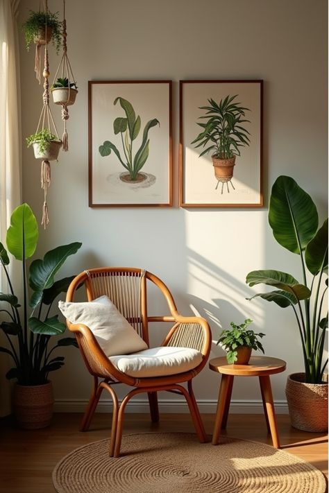 Cozy corner with botanical prints and hanging plants in vintage-inspired setting Plant Shelf In Living Room, White Walls Home Decor, Living Corner Decor Ideas, Living Room Decor With Plants, Boho Minimalist Living Room, Living Room Plants Decor, Spring Living Room Decor, Tropical Living Room, Room Plants