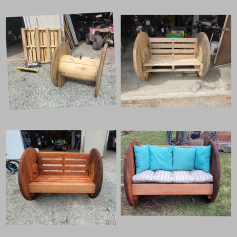 Wire spool and pallet made into a small garden bench. Wood Ag Mechanics Projects, Wooden Spool Bench, Spool Furniture Diy, Ag Mech Projects Wood, Wood Spool Ideas Diy Projects, Cable Reel Ideas Garden, Spool Decorations, Ag Mechanics Projects Ideas, Wood Spool Furniture