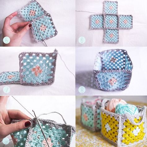 Mini Granny Square Crochet Baskets - Tutorial Crochet Basket Tutorial, Sac Granny Square, Knitting Squares, Crochet Baskets, Pretty Crochet, Free Crochet Bag, Crochet Basket Pattern, Beginner Crochet Projects, Crochet Handbags Patterns