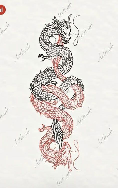 Dragon Tattoo On Leg For Men, Dragon Tattoo Black Red, Red And Black Dragon Tattoo For Women, Dragon And Rose Tattoo Design, Spiral Dragon Tattoo, Red And Black Dragon Back Tattoo, Chinese Dragon Tattoo For Women Back, 2 Dragons Tattoo Back, Red And Black Chinese Dragon Tattoo