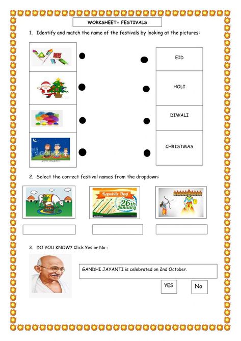 Indian Festivals Worksheets For Kids, Festival Worksheets For Grade 1, Festivals Of India Worksheet, Evs Worksheet, Festival Names, Worksheet For Class 2, Dictionary Skills, Worksheets For Class 1, Kindergarten Phonics