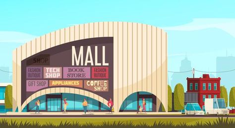 Shopping mall outside composition mall b... | Free Vector #Freepik #freevector #building #shopping #wall #tag Mall Outside, Mall Building, Mall Background, Cartoon Building, Tree Costume, Pools Backyard, Mall Design, Building Drawing, Building Illustration