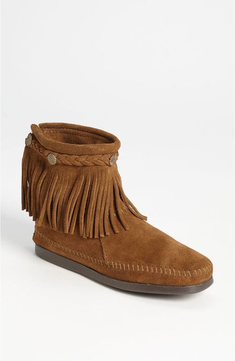 Minnetonka Fringed Moccasin Bootie (Women) | Nordstrom Minnetonka Boots, Dusty Brown, Fringe Moccasins, Moccasins Style, Fringe Booties, Moccasin Boots, Western Boots Women, Justin Boots, Womens Ankle Boots