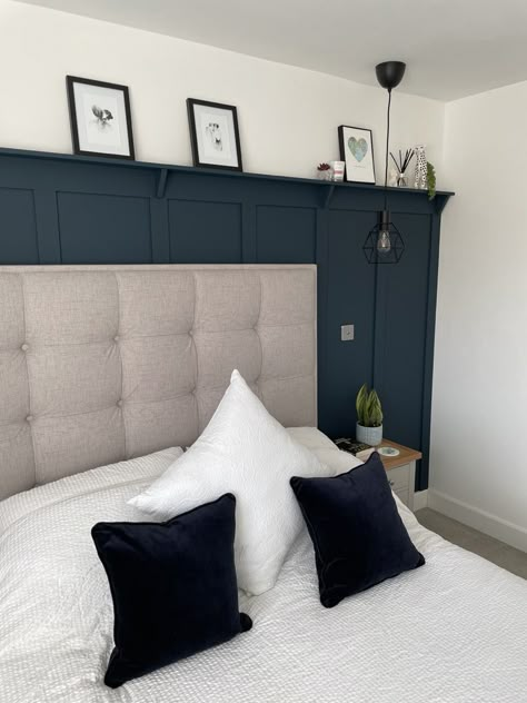 Jose's Review | Blue 07 paint | Lick Grey Bedroom Wall Panelling, Navy Bedroom Panelling Wall, Navy Wood Panelling Bedroom, Dark Blue And Neutral Bedroom, Hague Blue Panelling Bedroom, Lick Blue 07 Paint, Dark Blue Panelled Bedroom, Blue Panelling Bedroom Ideas, Navy Wall Panelling Bedroom