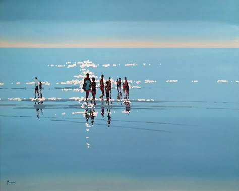 Beach Water Painting, John Morris Painting, Ireland Watercolor Painting, People At The Beach, Ireland Landscape Painting, Beach Landscape Art, Paintings Of Ireland Landscapes, Irish Landscape Watercolor, Sea Swimming Ireland