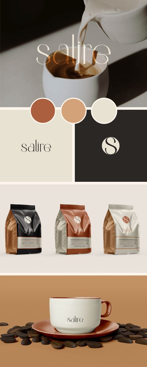 Luxury & Modern Brand Board for Salire Coffee Luxury Coffee Branding, Luxury Coffee Packaging Design, Cafe Branding Design Packaging, Color Palette For Coffee Brand, Coffe Logos Ideas, Coffee Shop Brand Identity, Coffee Logo Branding, Coffee Shop Branding Design, Coffee Packaging Design Branding