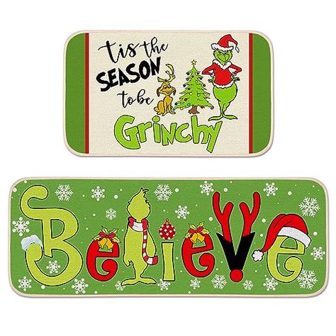 Yanleen Christmas Decorations Indoor Grinchs Christmas Kitchen Bathroom Door Mats Tis The Season to be Grinchy Believe Decorative Rugs Floor Set of 2 Merry Xmas Holiday Home Decor Ornaments Christmas Kitchen Rugs, Christmas Decorations Indoor, Grinch Decorations, Grinch Christmas Tree, Grinch Christmas Decorations, Christmas Rugs, Decorative Rugs, Bathroom Door, Christmas Kitchen Towels