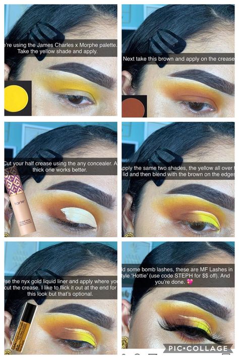 Yellow Makeup Looks Step By Step, Rainbow Eyeshadow Looks Step By Step, Stage Makeup Dancer, James Charles Palette Looks, Quince Makeup, Eyeshadow Guide, Sunset Eyeshadow, Bang Hair, Yellow Eye Makeup