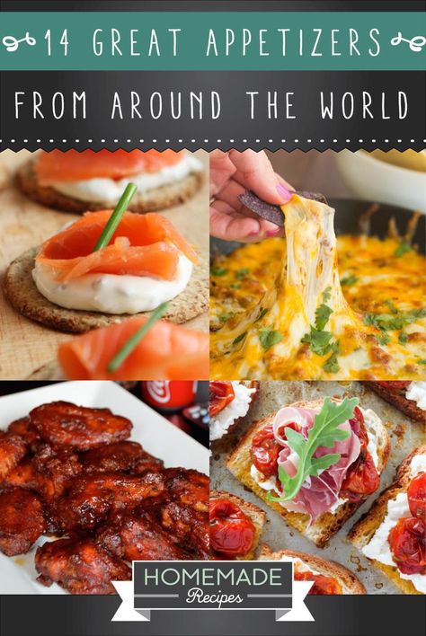 14 Great Appetizers From All Around The World | http://homemaderecipes.com/14-great-appetizers/ International Appetizer Party, Finger Foods From Around The World, International Party Food, Around The World Theme Party Food, Around The World Potluck Ideas, Around The World Appetizers, International Finger Foods, African Appetizers For Party, International Appetizers Easy