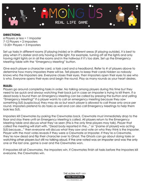 among-us-real-life-game-free-printable-by-the-aloha-hut.pdf Real Life Among Us Tasks, Diy Among Us Real Life Game, Among Us Real Life Game, Among Us Game In Real Life Tasks Ideas, Among Us Games In Real Life, Among Us Tasks In Real Life, Real Life Among Us Game, Among Us Game, Among Us In Real Life