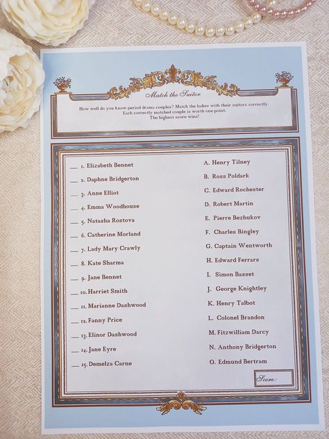 Match the Couples from Period Dramas Game/ Party Game/ Bridgerton, Jane Austen, Regency Inspired Drama Themed Party, Jane Austen Party, Bridgerton Party, Drama Games, Animal Printables, Ross Poldark, Game Party, Vintage Art Prints, Party Game