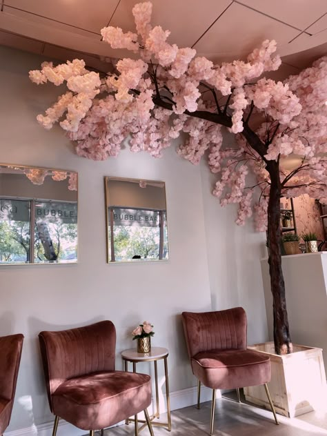 Pink Vibe Room, Cherry Blossom Tree Restaurant, Fake Cherry Blossom Tree Home Decor, Cherry Blossom Salon Decor, Sakura Bedroom Aesthetic, Japanese Salon Interior, Japanese Tea Shop Aesthetic, Cherry Blossom Tree Room Decor, Cherry Blossom Plant Indoor