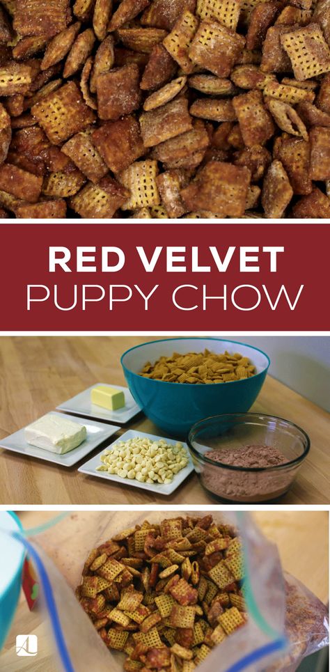 Red Velvet Puppy Chow | Decadent Snack Recipe #bakesale #cereal #dessert Cereal Dessert, Awesome Desserts, American Lifestyle, Snack Mixes, Puppy Chow, Energy Bites, Bake Sale, Snack Mix, Lifestyle Magazine