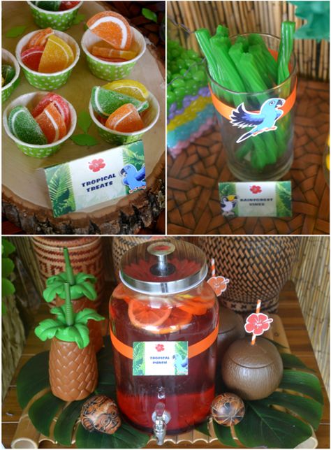 Rio Amazon Forest Jungle Inspired Party Food &nd Treats - via BirdsParty.com Food Truck Ideas Design, Rainforest Party, Rio Birthday Parties, Movie Watching Party, Jungle Amazon, Food Truck Ideas, Rio Party, Food Favors, Tropical Birthday Party