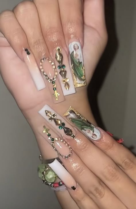 Saint Nails Acrylic, San Juditas Nails, San Judas Nails Short, San Judas Nails Ideas, Catholic Nails Acrylic, San Judas Acrylic Nails, Vaquera Nails Long, Buchona Nails Acrylic, Emerald Green Nails San Judas