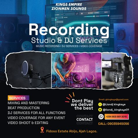 Banner Design Studio Recording and Dj services Dj Flyer Design Background, Music Banner Design, Dj Banner, Dj Flyer Design, Vocal Recording Studio, Music Banner, Dj Flyer, Concert Poster Design, Creative Advertising Design