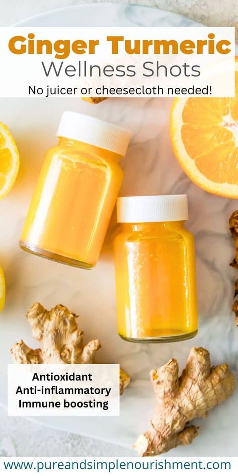 These are the best homemade ginger turmeric shots! This easy recipe is made with simple ingredients including orange juice, lemon juice, fresh ginger, fresh turmeric and honey and you don't need a juicer or cheesecloth to make them. These shots can help decrease inflammation and boost your immune system and have many other potential health benefits including helping decrease pain and cholesterol levels. They can also aid digestion and are great for gut health. Ginger Shot Recipe, Turmeric Shots, Colon Cleanse Recipe, Turmeric And Honey, Ginger Drink, Wellness Shots, Ginger Shot, Fresh Turmeric, Ginger Turmeric