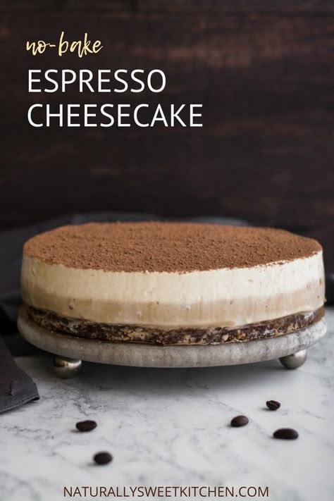 An easy recipe for a light and tiramisu-like no-bake espresso cheesecake. Naturally sweetened with dates and maple syrup and perfect for all your summer gatherings | Naturally Sweet Kitchen | Coffee dessert | Coffee cheesecake recipe | no-bake cake recipe | no-bake dessert #espressocheesecake #refinedsugarfree Refined Sugar Free Cake, Espresso Cheesecake, Cheesecakes Recipes, Fodmap Desserts, Sugar Free Cake Recipes, Mediterranean Desserts, Almond Crust, Sweet Kitchen, Coffee Cheesecake