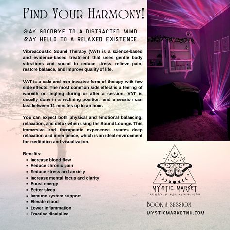 Find your harmony with Mystic Market Vibroacoustic Therapy (VAT) mysticmarketnh.com #selfcare #wellness #mentalhealthmatters #metaphysicalshop #vibroacoustictherapy #soundhealingtherapy #mindfulliving #soundtherapyhealing #sacredspace #soundtherapy Vibroacoustic Therapy, Metaphysical Shop, Healing Therapy, January 26, Mental Health Matters, Mindful Living, Side Effects, Say Hello, Self Care