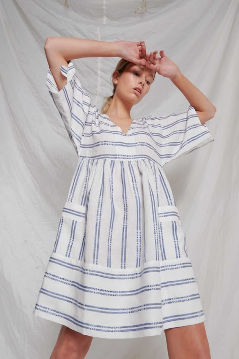 Slow Clothing, Linen Stripes, Striped Linen Dress, Stylish Short Dresses, Resort Fashion, Casual Wear Dress, Gathered Dress, T Dress, Kimono Sleeves