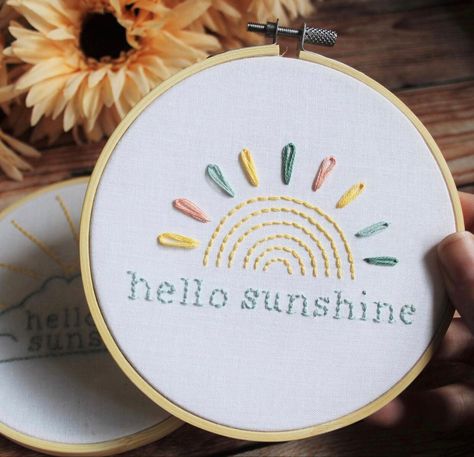 Cute Simple Embroidery Ideas, Embording Design, Newborn Embroidery Ideas, Sun Embroidery Pattern, Embroidery Sunshine, Embroidery Inspiration Ideas, Rainbow Embroidery Pattern, Baby Embroidery Patterns, Summer Embroidery Designs