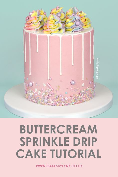 Pink Pastel Buttercream Sprinkle Cake with White ganache drip and piped rainbow swirls Icing Swirls On Cake, Drip Icing Recipes, Pink Sprinkle Cake, Sweet Platter, White Ganache, Pink Drip Cake, Drip Cake Tutorial, Drip Cake Recipes, Ganache Drip