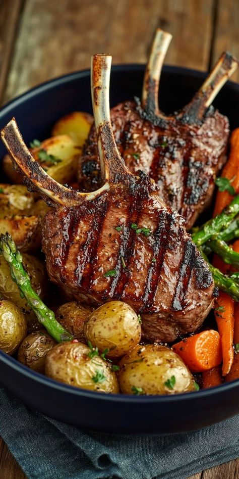 Delight your taste buds with my Tender Grilled Rack of Lamb Chops recipe! Juicy, perfectly grilled lamb chops served with roasted baby potatoes and colorful veggies for a meal that's both elegant and comforting. Perfect for a special occasion or a cozy dinner at home! Check out the full recipe for tips on how to achieve that perfect sear and flavor. Lamp Chop Recipes, Rack Of Lamb Dinner, Lamp Chops Recipe, Grilled Lamb Chop Recipes, Lamb Chops Recipe, Homemade Banana Pudding Recipe, Lamb Dinner, Grilled Halibut, Roasted Baby Potatoes