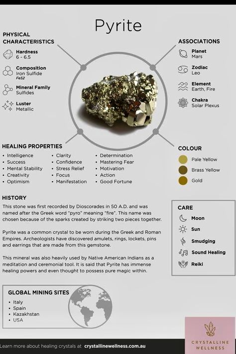 Crystal Properties Chart, Crystal Healing Chart, Crystal Guide, Crystal Properties, Pyrite Crystal, Spiritual Stuff, Crystals Healing Properties, Spiritual Crystals, Witch Stuff