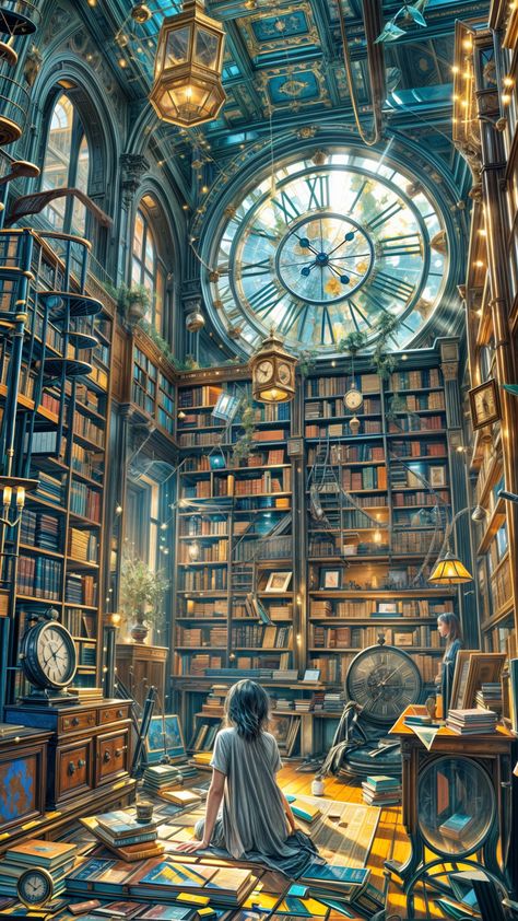 Wizard World Aesthetic, Library Drawing Illustration, Fantasy Library Concept Art, Magical Library Fantasy Art, Library Concept Art, Magic Library Aesthetic, Whimsical Library, Steampunk Library, Enchanted Library