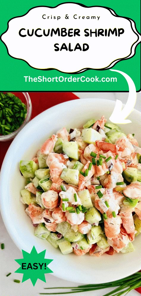 Cucumber Shrimp Salad - The Short Order Cook Cucumber Shrimp Salad, Shrimp Salad Recipes Healthy, Creamy Herb Dressing, Shrimp Salads, Cucumber Shrimp, Salads Without Lettuce, Kidney Foods, Precooked Shrimp Recipes, Healthy Cucumber Salad