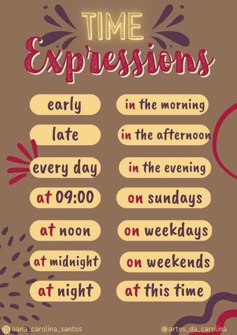 Time expressions in english: early, late, every day, at 09:00, at noon, at evening , at night, in the morning, in the evening, in the afternoon, on sundays, on weekdays, on weekends. Dicas de inglês. Expressions In English, English Grammar Notes, English Day, English Grammar Tenses, Ordinal Numbers, English Posters, Study English Language, English Language Course, English Time