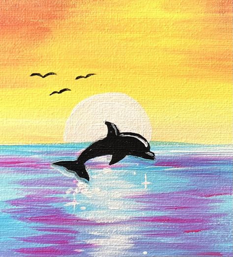 The Ocean Painting, Dolphin Silhouette Painting, Dolphin Sunset Painting, Sea Sunset Drawing, Dolphin Sunset, Sunset Ocean Painting Easy, Painting Dolphins, Drawing Beach Ideas, Easy Art To Paint