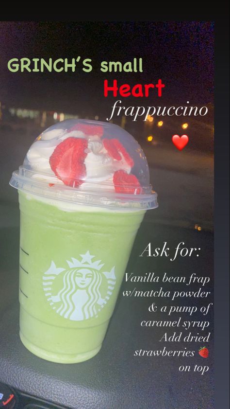 Green Grinch’s small heart Frappuccino from Starbucks Good Christmas Drinks From Starbucks, Starbucks Orders Without Coffee, Shrek Starbucks Drink, Spider Man Starbucks Drink, Starbucks Holiday Frappuccino, Longest Starbucks Order, Fun Starbucks Orders, Pretty Starbucks Drinks Recipes, Best Starbucks Christmas Drinks